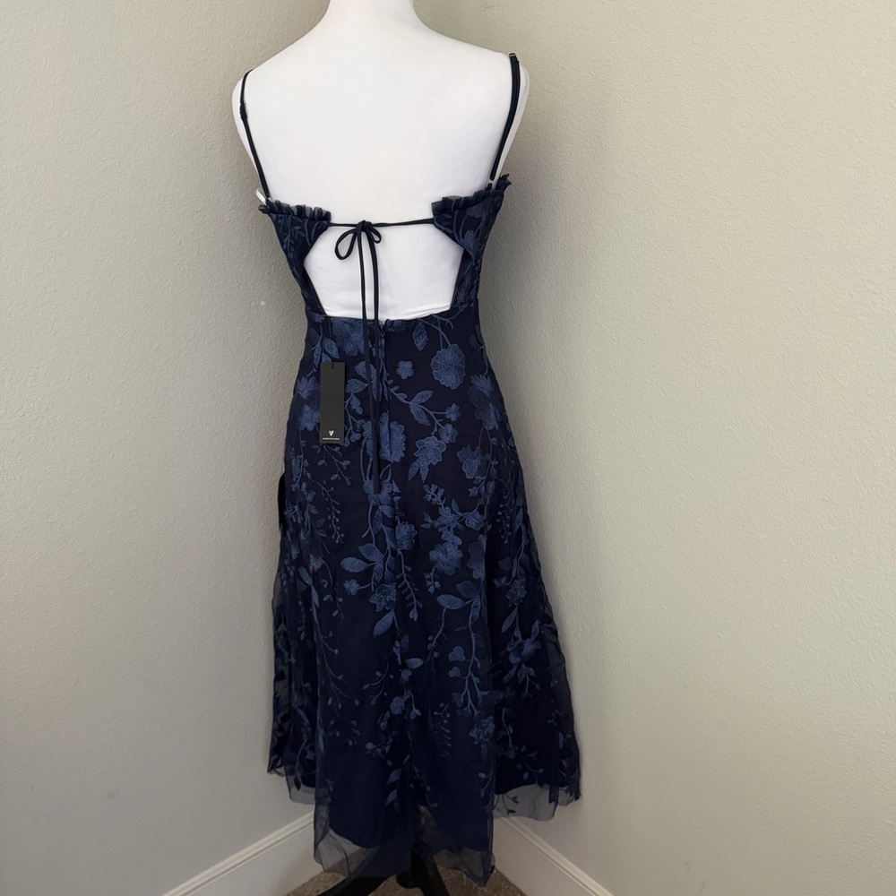 Charmingly Sophisticated Navy Blue Tulle Embroidered Midi Dress - Picture 8 of 16